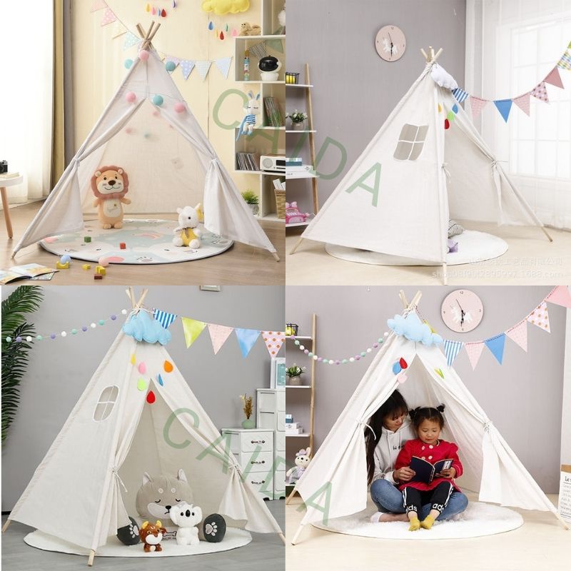Lều vải handmade cao cấp màu trắng vải Cotton Canvas cọc gỗ tự nhiên an toàn cho bé chơi hoặc decor chụp ảnh