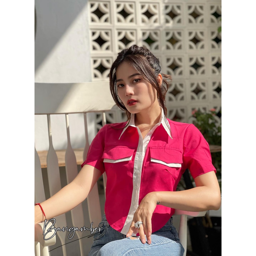 Áo sơ mi hồng phối trắng , hàng quảng châu cao cấp thiết kế lạ mắt B17- AMBER