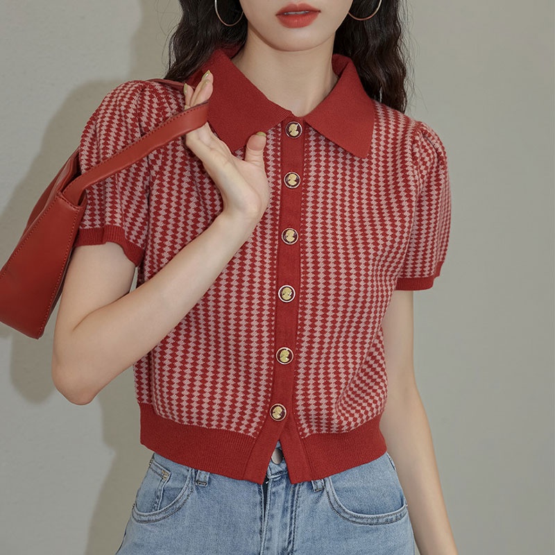 Áo Sơ Mi Tay Ngắn Dệt Kim Họa Tiết Sọc Caro Thời Trang Hàn Quốc Cho Nữ