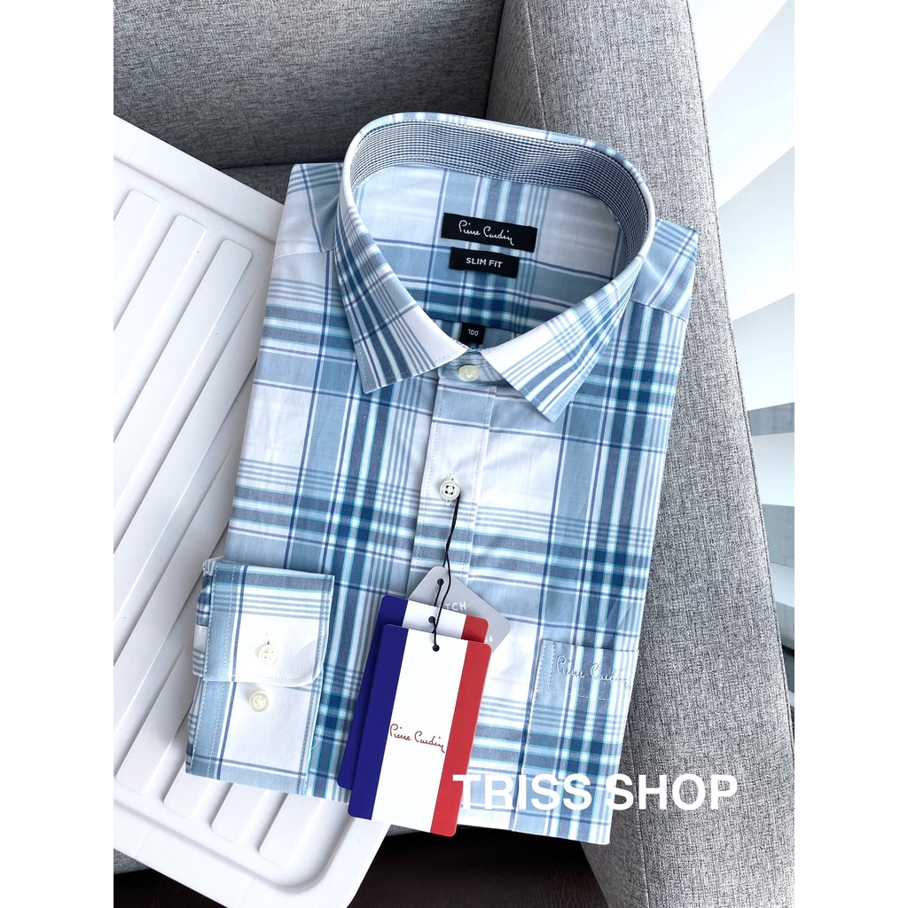 Áo sơ mi nam dài tay họa tiết caro cao cấp Pierre cardin 12 vải cotton chống nhăn form slimfit