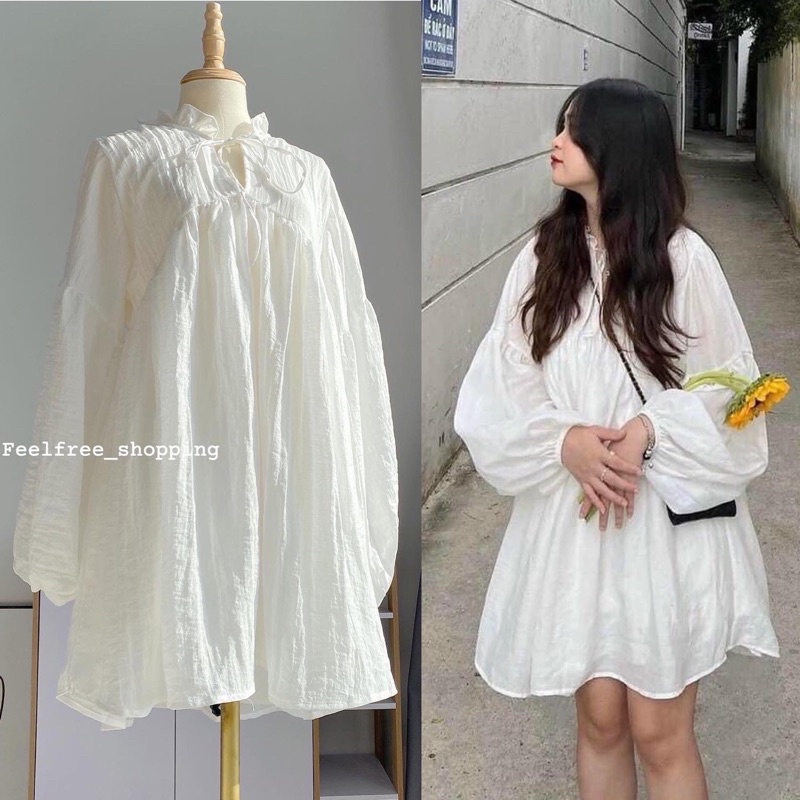 Đầm Váy Babydoll Trắng Tay Dài Phồng 2 Lớp Cổ Thắt Nơ Dáng Ngắn Công Chúa (Hình Thật) D086