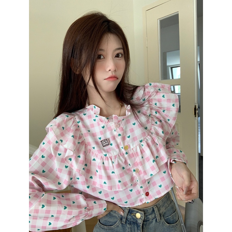 Áo Sơ Mi Ngắn Tay Dài In Họa Tiết Trái Tim Thời Trang Mùa Thu Hàng Mới 2022 Dành Cho Bạn Nữ