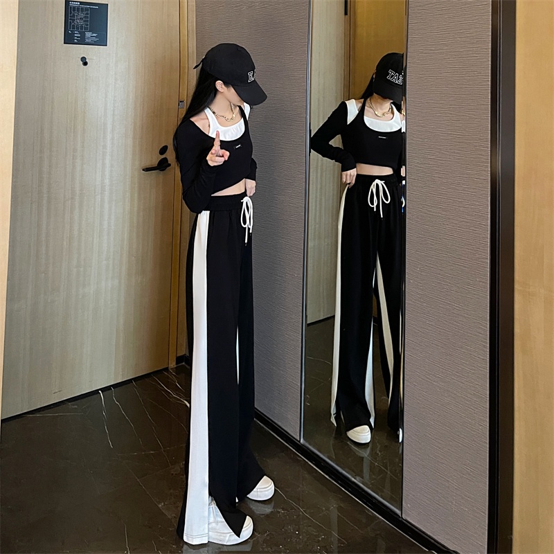 Quần ống rộng Xẻ Tà Phối Màu Tương Phản Thời Trang Mùa Thu Mới Cho Nữ