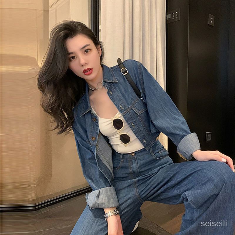 Set Áo Và Quần Denim Ống Rộng Phong Cách Retro Đường Phố Hong Kong Thời Trang Mùa Hè