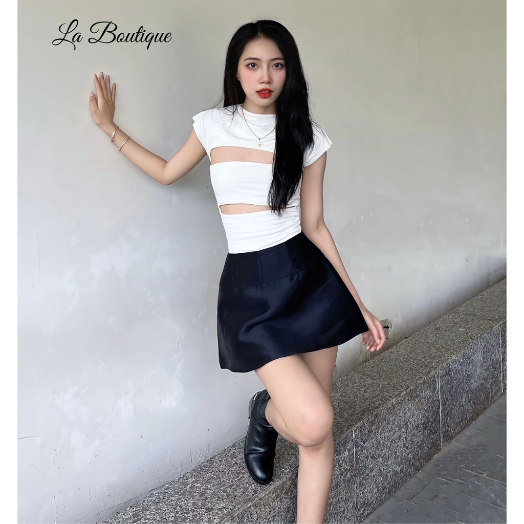Set chân váy hack eo và áo kiểu tay ngắn khoét ngực trendy La Boutique chất thun lụa ôm body phối nhiều kiểu xinh xắn