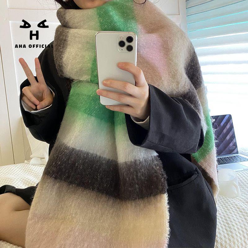 Khăn choàng len AHA official vải cashmere dày màu gradient phong cách Hàn Quốc cho nữ