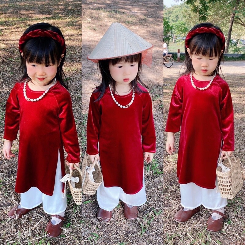 Áo Dài Bé Gái , Áo Dài Nhung Truyền Thống 3 Màu cho Bé