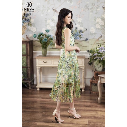 NEVA newtag đầm xanh midi ren phối tà dập ly mới nguyên tag S/M/L