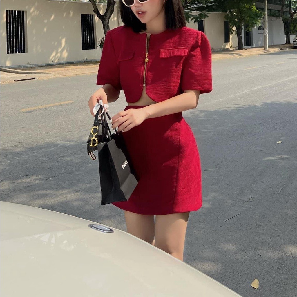 SET ÁO CROP DẠ DÂY KEO + CV CÙNG MÀU ĐỎ - ST0782
