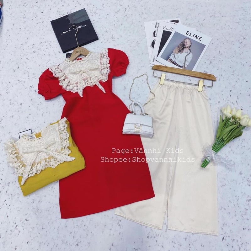 Set áo dài tacta phối cổ ren cho bé gái