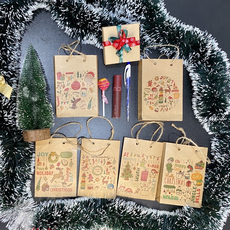Túi Giấy Noel Mini 13x9x3cm - Kraf Phong Cách Vintage Có Quai Xách - Đựng Quà - Giấy Kraf Sức Bền Cao