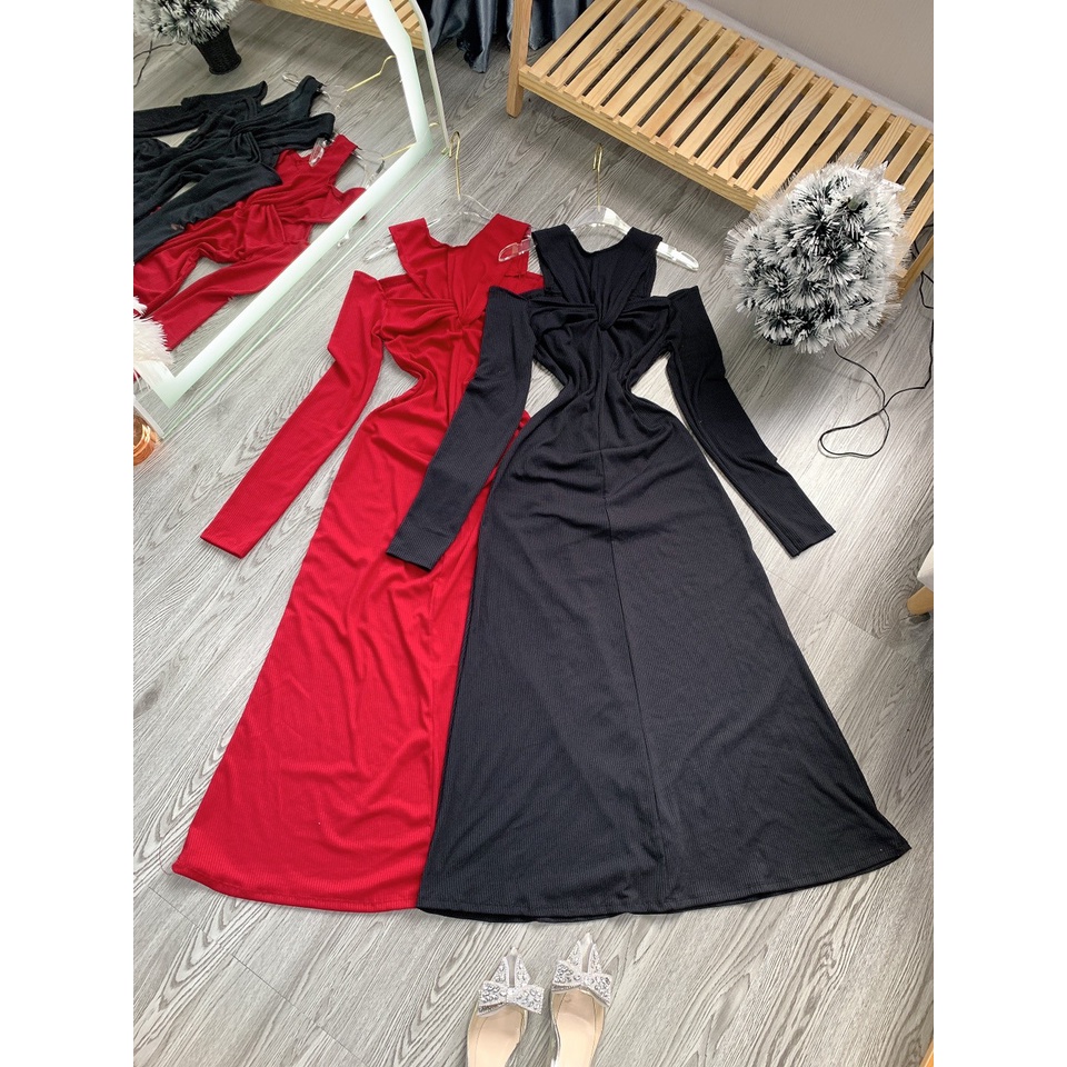 Đầm tay dài xoắn kiểu trà xanh hở vai dáng dài xòe trơn cực xinh , chất thun gân mềm mịn