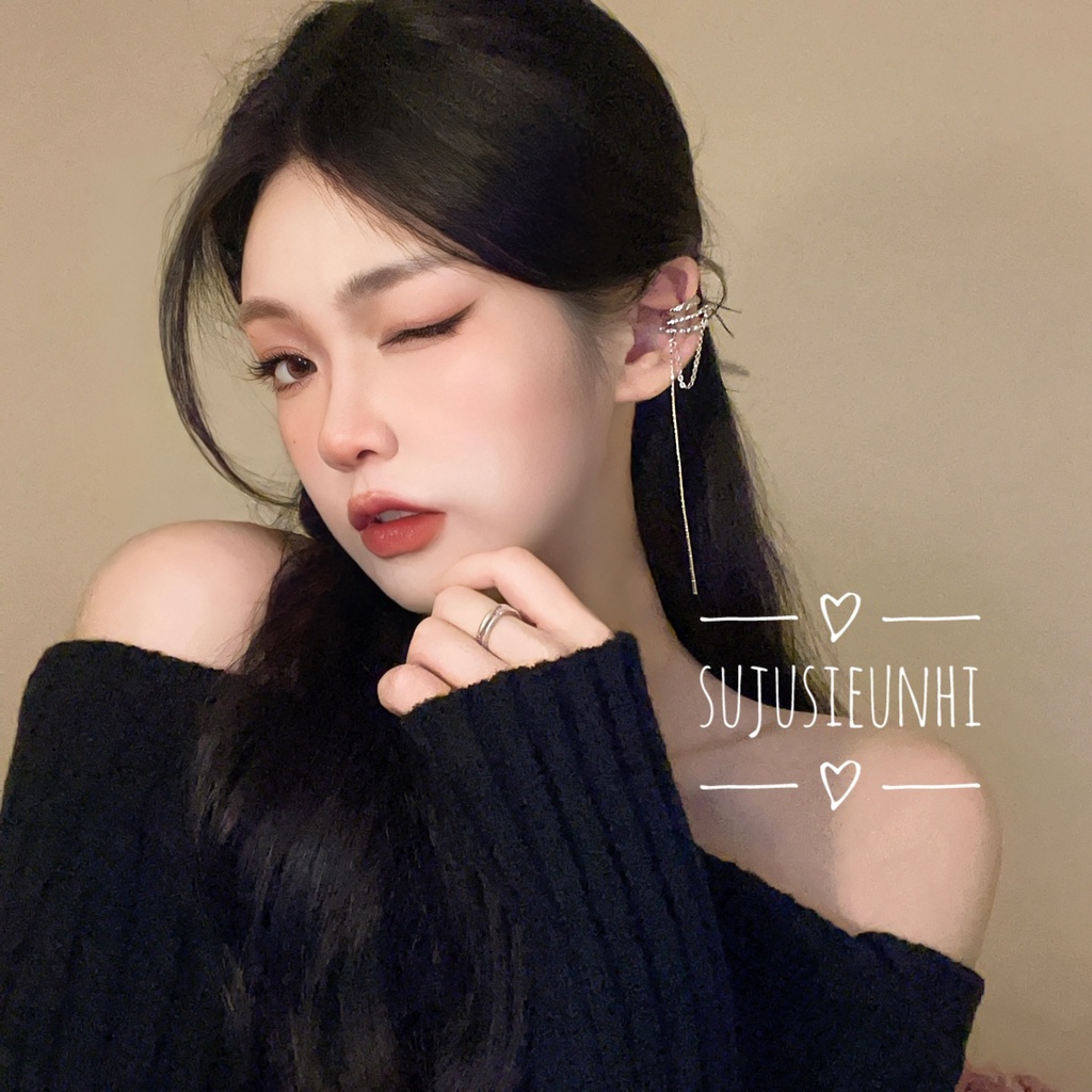 CÓ VIDEO (KHÔNG XỎ) Khuyên tai 3 lớp kẹp vành đính ngọc nhân tạo tua rua thả dài đeo 1 bên duyên dáng