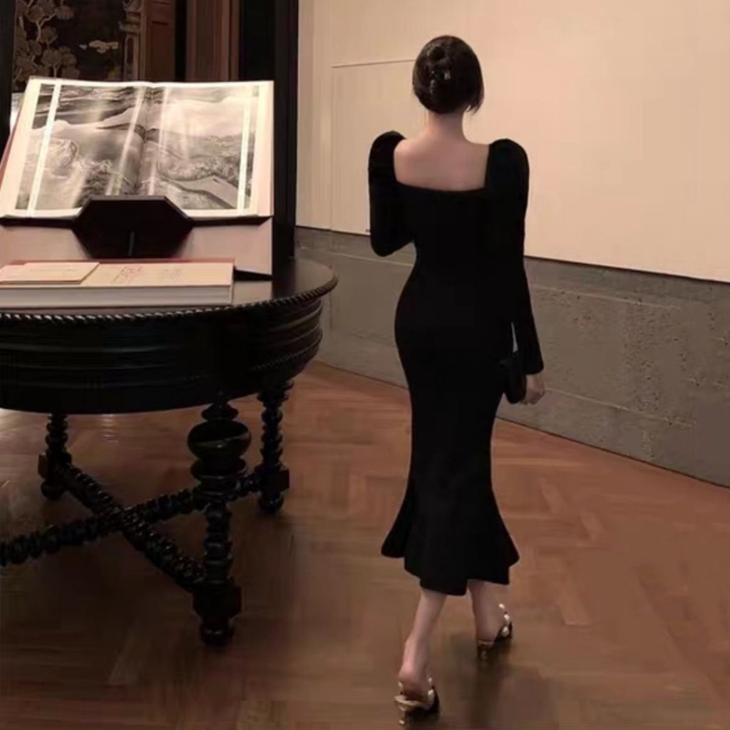 Đầm Cổ Vuông Thiết Kế Mới Thời Trang Theo Phong Cách Pháp 2022✨✨Đầm Đuôi Cá Tay Dài Phồng Màu Đen Phong Cách Hepburn