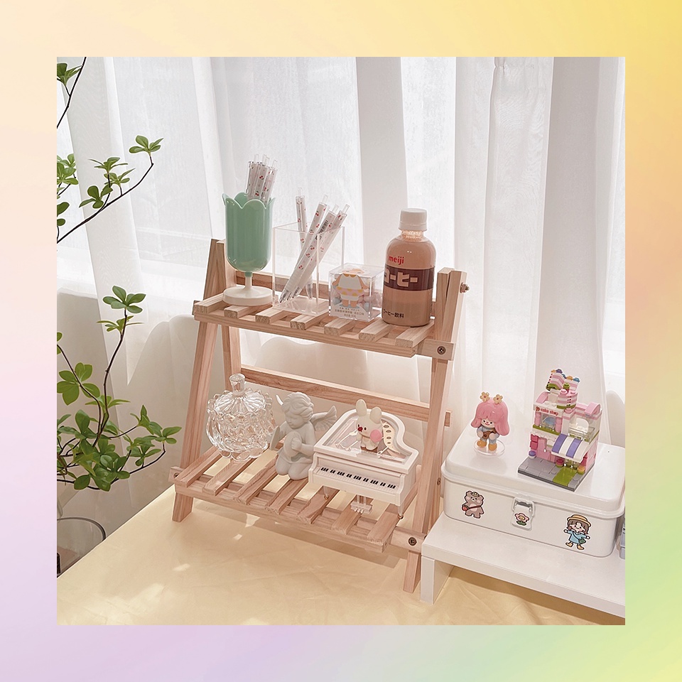 Kệ decor mini để bàn gấp gọn, kệ đựng đồ phụ kiện, mỹ phẩm, cây cảnh - chất liệu gỗ thông tự nhiên bền đẹp