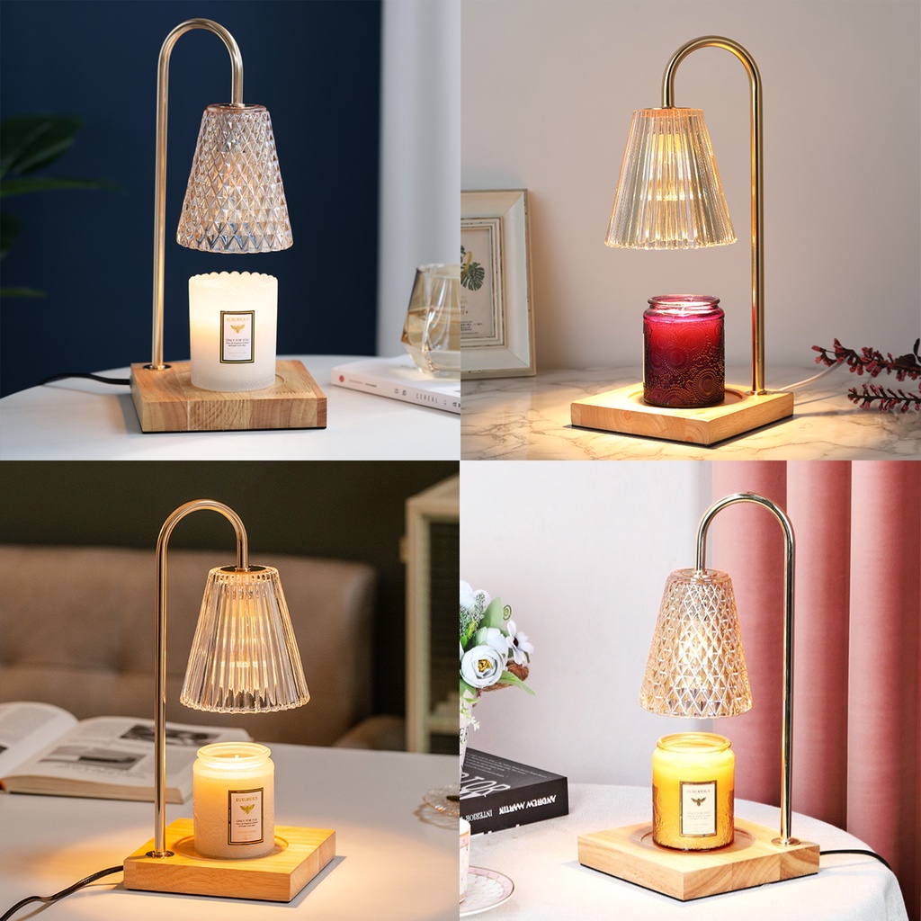 Đèn đốt nến thơm đế gỗ nón thủy tinh có chỉnh độ sáng - tặng kèm bóng