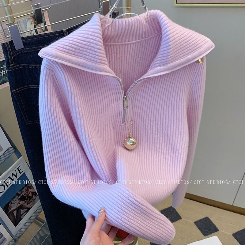 Áo Khoác Cardigan Dệt Kim Mềm Cổ Búp Bê Màu Tím Khoai Môn Phối Khóa Kéo Thời Trang Thu Đông 2022 Cho Nữ
