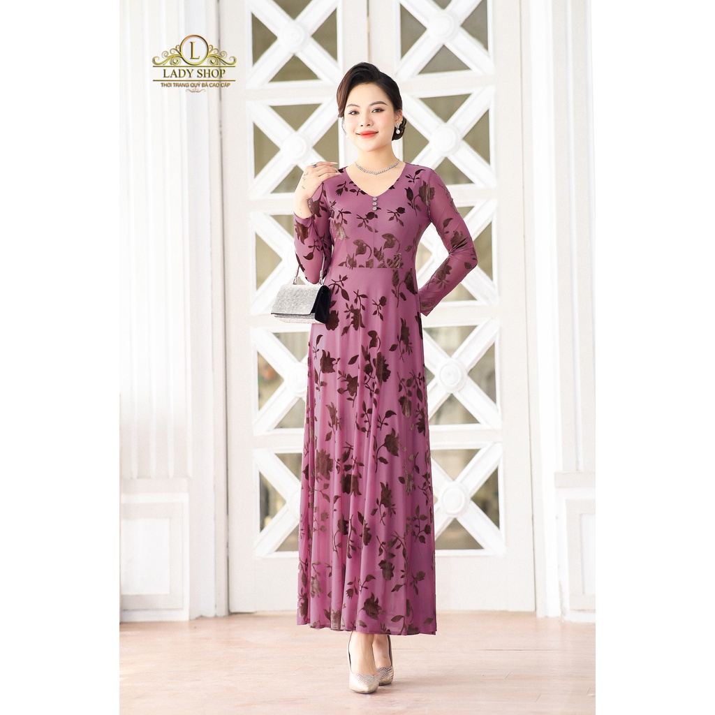 Đầm Maxi ren hoa nhung cổ tim Ladyshop thời trang trung niên cao cấp T51