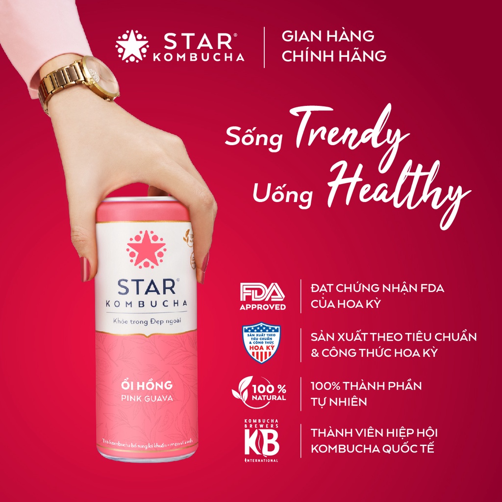 Thùng 12 lon trà STAR KOMBUCHA Ổi Hồng / Pink Guava (250ml/lon)