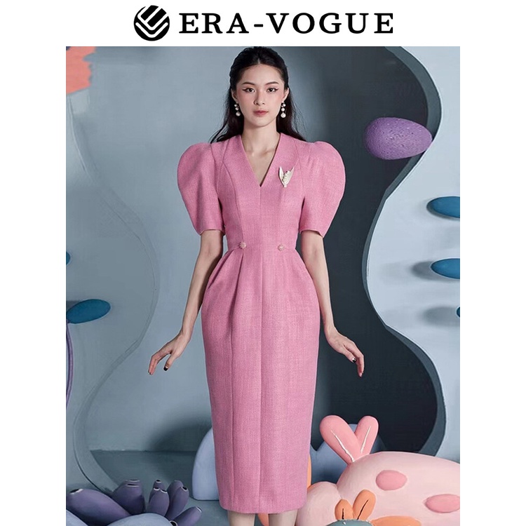EraVogue🌷 Đầm Cổ Chữ v Dáng Ôm Xẻ Tà Lưng Cao Màu Hồng Thời Trang Mùa Thu Việt Nam Niche Y1129 ERA-80005