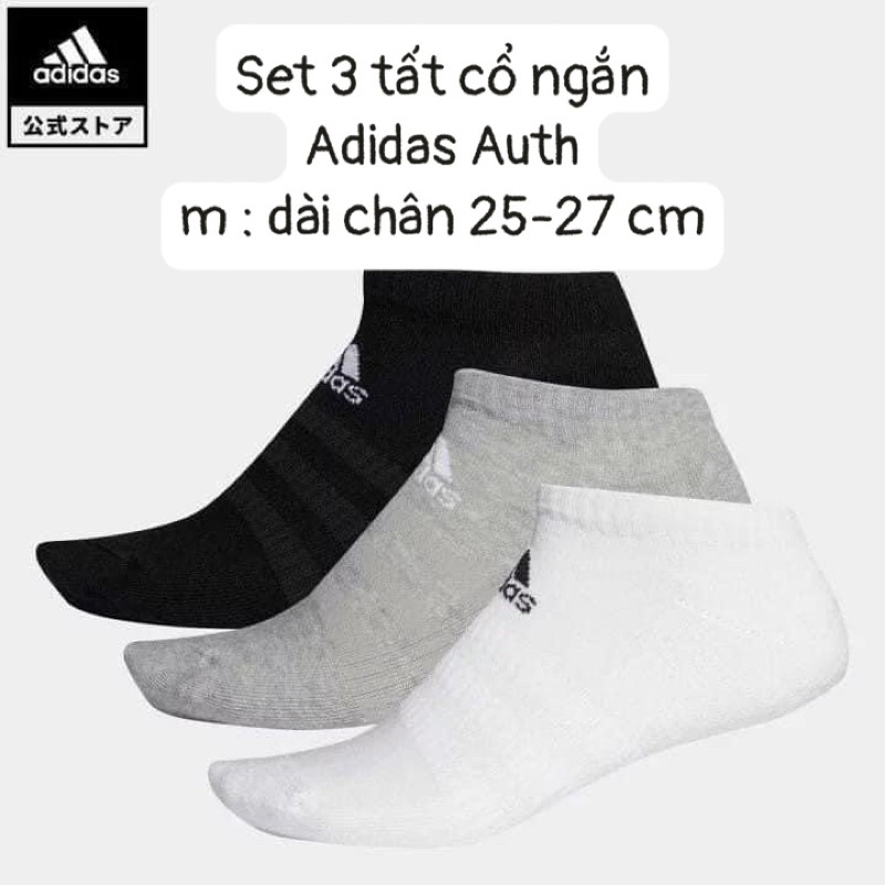 Chính hãng, set 3 đôi tất cổ thấp Adidas JP cho nam, cỡ 25-27cm vừa cho chân cỡ 40-41-42
