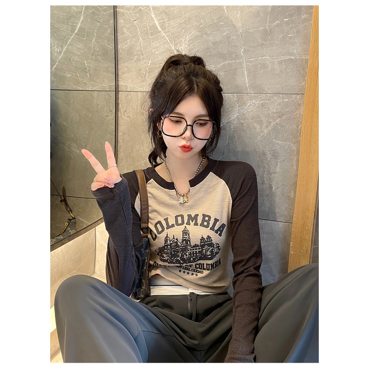 Áo thun nữ ZHELIHANGFEI tay dài lưng cao dáng ôm in họa tiết phong cách hip hop cá tính