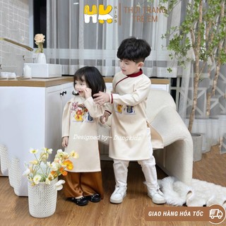 Áo dài tết cho bé HK KIDS, áo dài hoạ tiết đoàn viên mẫu cặp đôi kiểu cách tân chất liệu cao cấp sz 1-7 tuổi