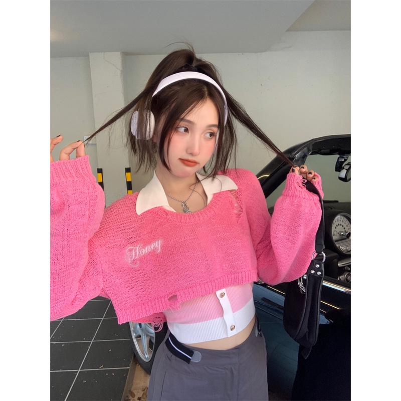 Porozi  Áo sweater Dệt Kim Tay Dài / Áo Ngắn Hàn Quốc Cho Nữ (Bán Một Mình)