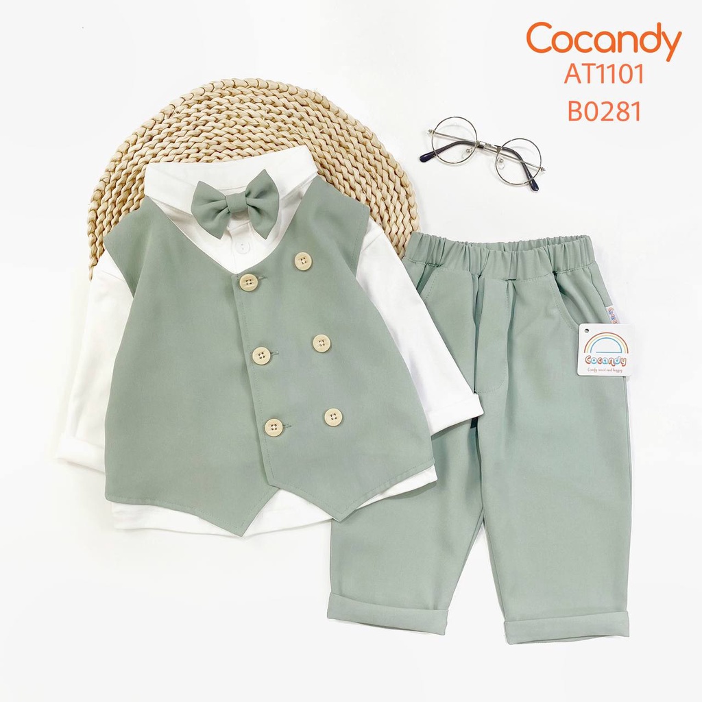 Set đồ cho bé -Bộ ghile XANH MINT 2 hàng cúc + nơ và Áo thun trắng có cổ của COCANDY mã B0281,AT11010 (Áo thun trắng lẻ)