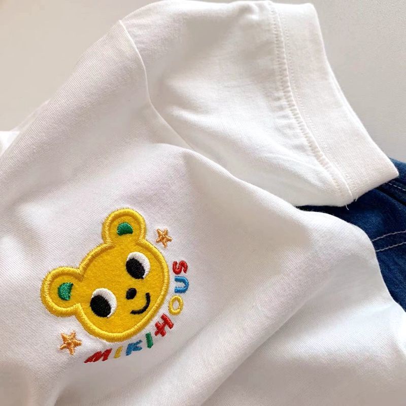 Áo thun AMILA 100% cotton tay ngắn thêu họa tiết hoạt hình phong cách phương tây cho bé gái