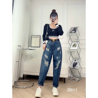 Quần jeans nữ, quần bò baggy mài rách lưng cao túi chéo phối gân dọc kèm đai BG 611