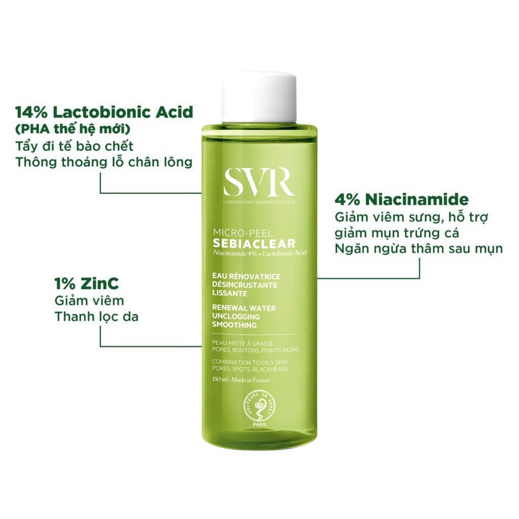 Toner SVR Sebiaclear Micro Peel Làm Giảm Mụn Cho Da Dầu Mụn Và Da Nhạy Cảm 150ml