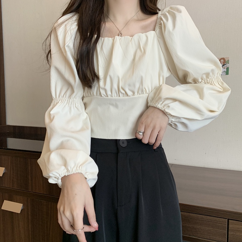 Áo Croptop Tay Phồng Dài Cổ Vuông Thắt Nơ Phong Cách Hàn Quốc Thời Trang Cho Nữ