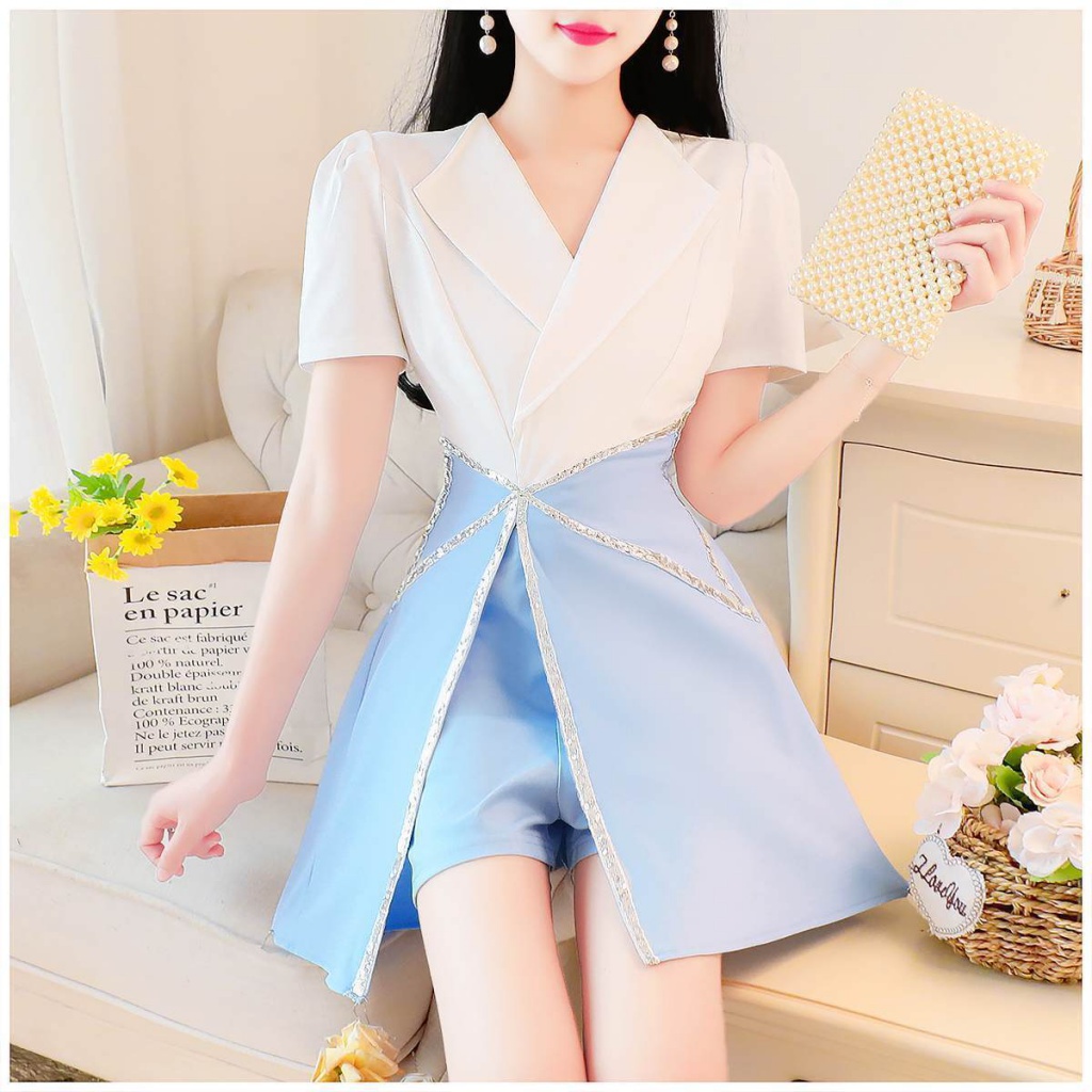 Set Áo Vest Ngắn Tay + Quần Short Lưng Cao Đính Kim Sa Lấp Lánh Thời Trang Cho Nữ