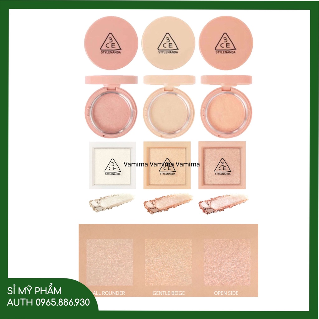 Phấn bắt sáng 3CE Glow Beam Highlighter - 3CE Face Highlighter hộp vuông hộp tròn siêu sáng, mềm mịn và lâu trôi 8.5g
