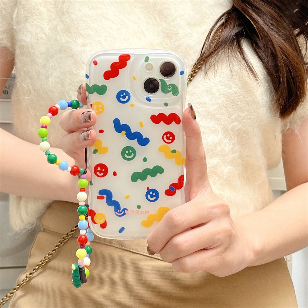 Ốp Điện Thoại Tpu Silicon Mềm Hình Mặt Cười Hoạt Hình Màu Trong Suốt Gắn Dây Đeo Cổ Tay iPhone 14 13 12 11 Pro Max 14 Plus