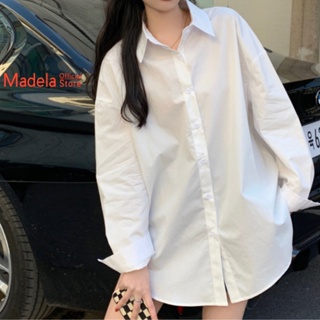 Áo sơ mi trắng nữ tay dài MADELA form rộng giấu quần, sơ mi trắng nữ phong cách hàn quốc - ASM06