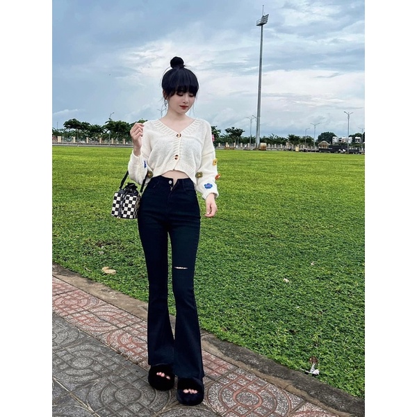 Quần Jean Nữ Ống Loe Rách Đùi Dài 110cm. Lưng Siêu Cao Hách Dáng-Co Giãn Mạnh