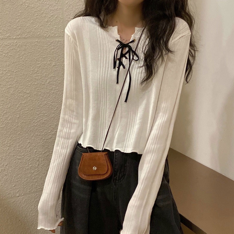 Áo Dệt Kim Tay Dài Dáng Ôm Phối Dây Rút Phong Cách Hàn Quốc Thời Trang Cho Nữ