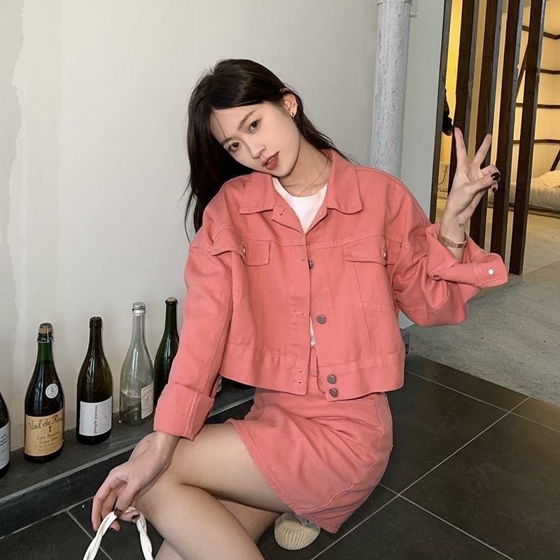 Set Jean bò nữ áo khoác tay dài phối chân váy chữ A thời trang cá tính năng động