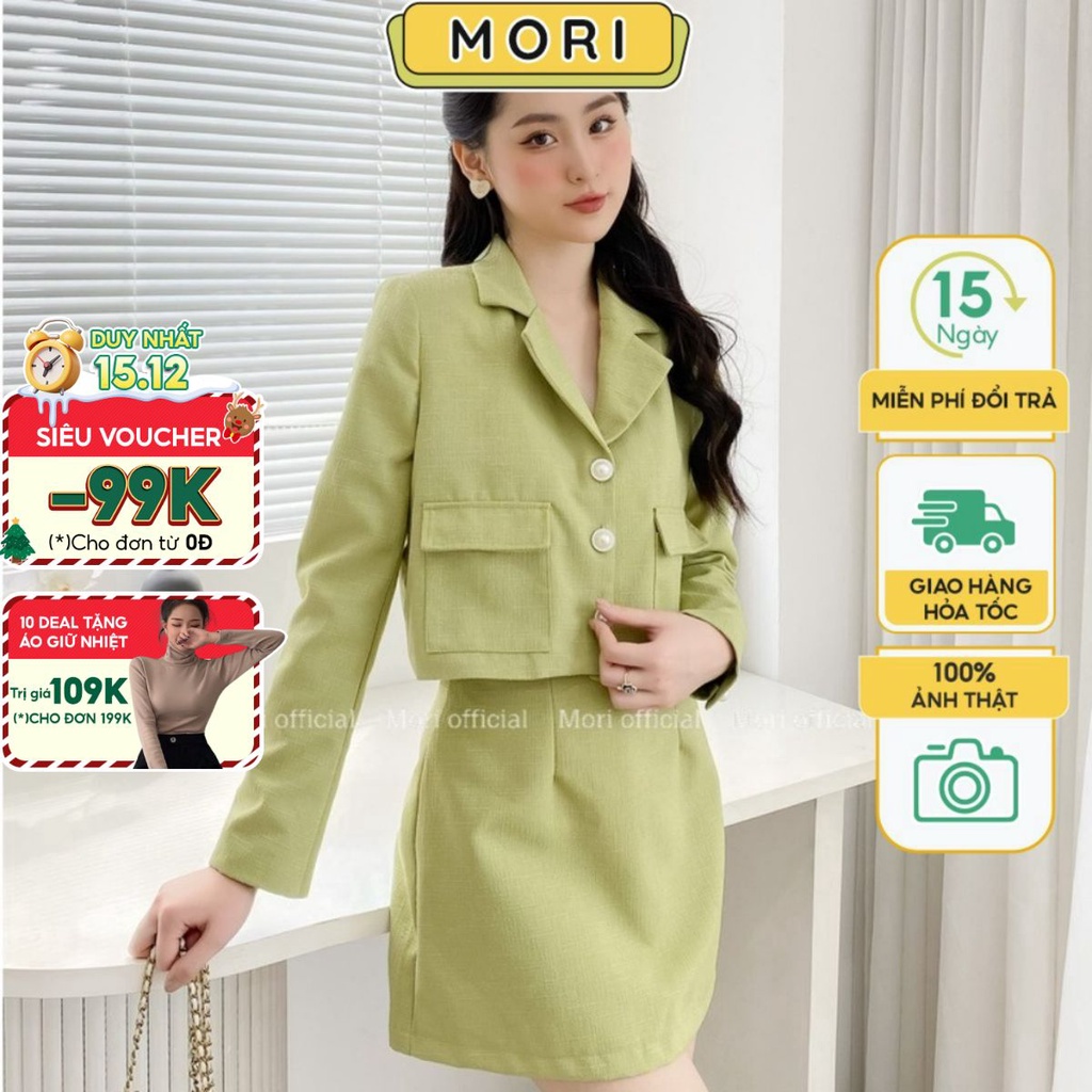 Set đầm dạ text nữ croptop kèm chân váy chữ A 2 lớp thiết kế xanh tiểu thư công sở thời trang nữ MORI CLOTHING S384