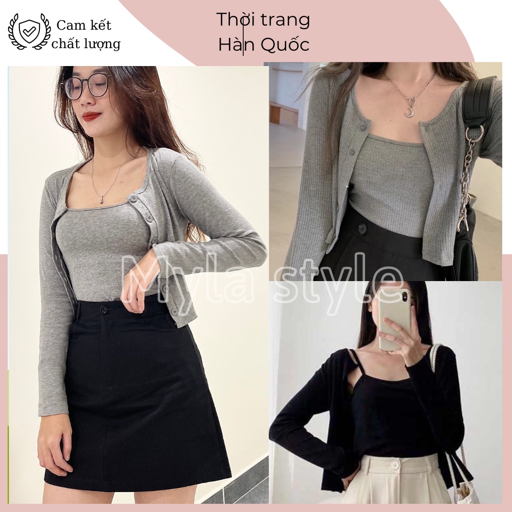 Áo khoác cardigan dáng ngắn cài cúc kèm áo 2 dây chất thun gân phong cách Ulzzang Hàn Quốc S2