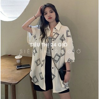 Áo sơ mi nữ form rộng tay lỡ Siêu thị 24 giờ in 3D hình Ô Vuông Đen Trắng SMH.40