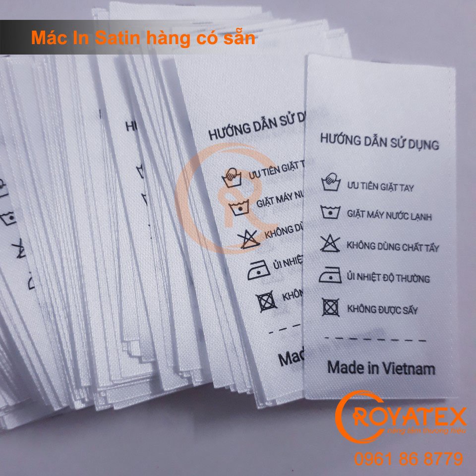 100C Mác hướng dẫn, Nhãn kẹp sườn, mạc care chất liệu satin - Hàng in sẵn nội dung như hình ảnh