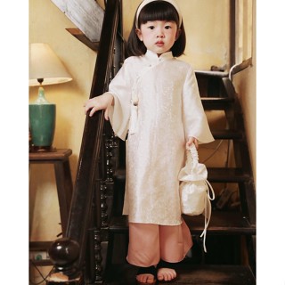  Set áo dài bé gái Áo trắng quần hồng Hehehihi -AD05 