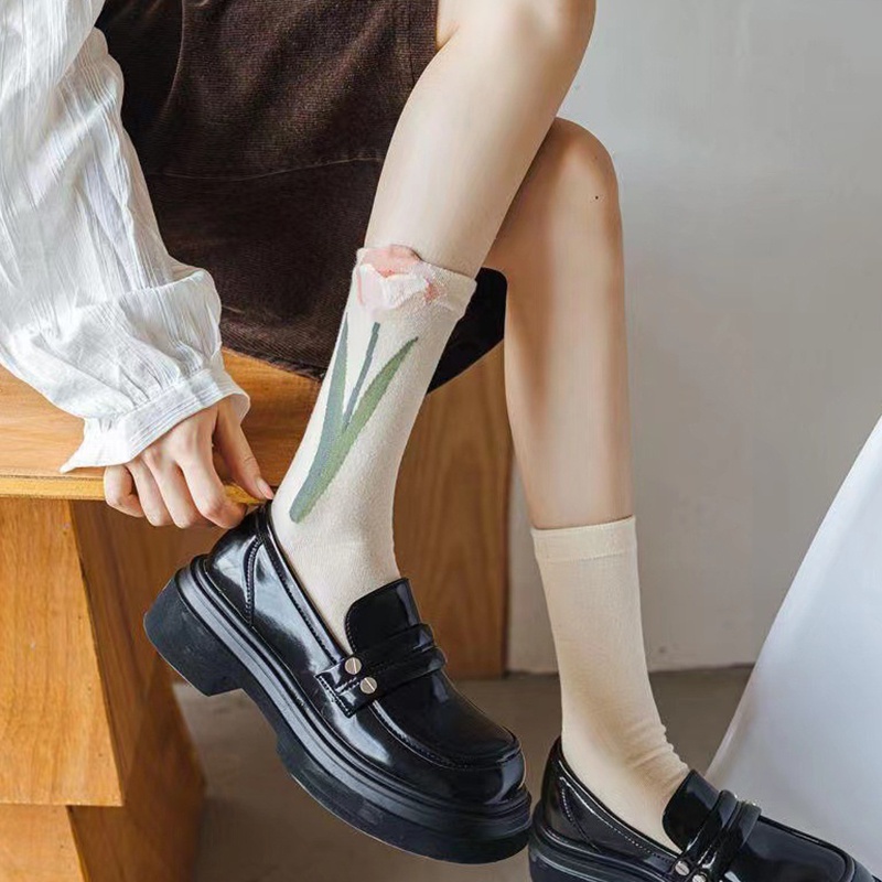 Vớ Dài Trung Bình Họa Tiết Hoa Tulip Mori Thu Đông Mới Cho Nữ ruiyan HB