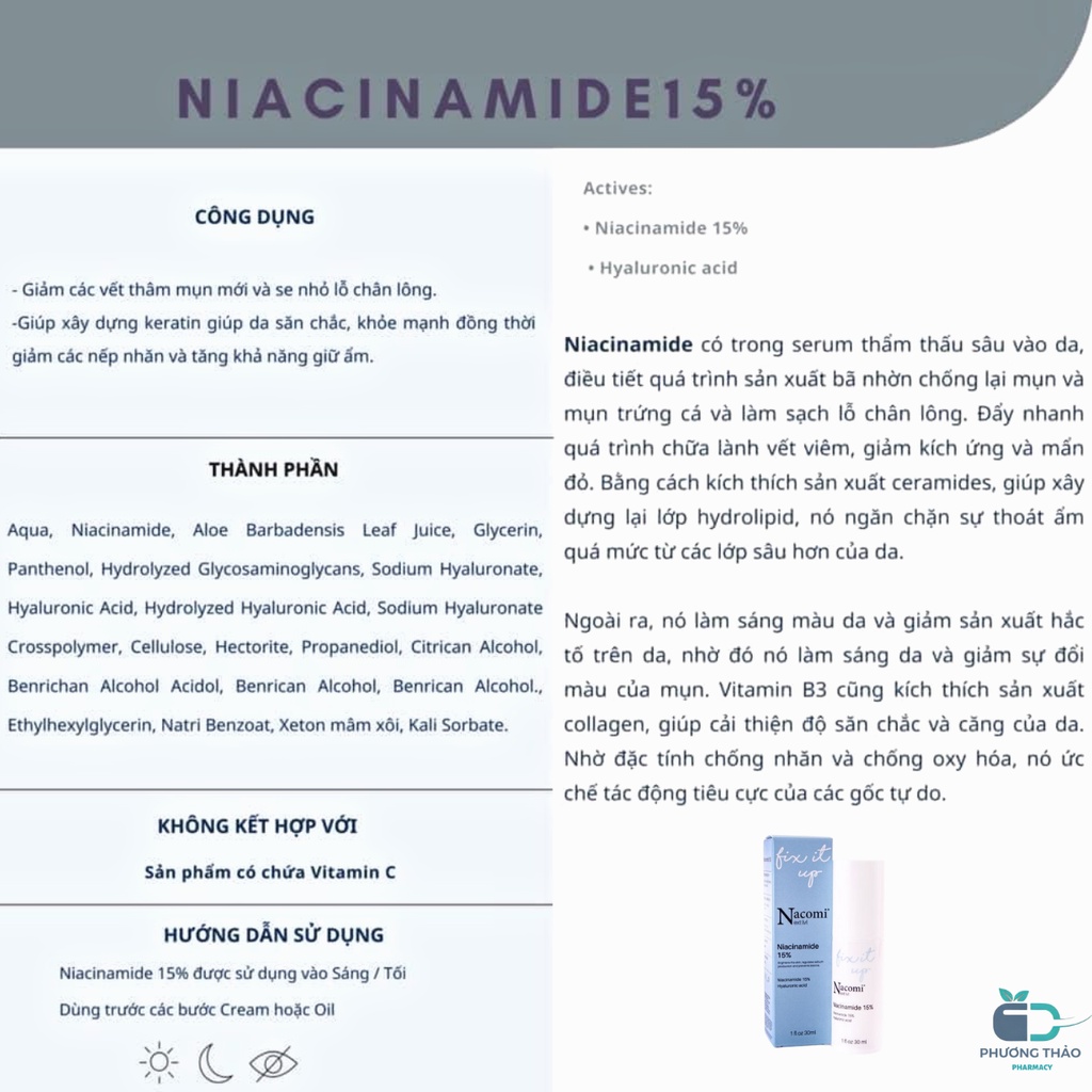 Serum Nacomi Niacinamide 15% ngừa mụn, chống lão hóa, cải thiện trắng sáng da 30ml - Phương Thảo Pharmacy