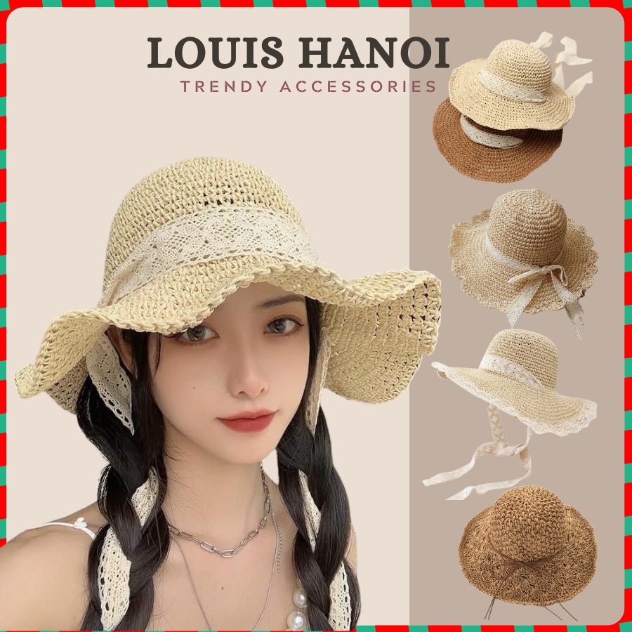 Mũ Cói Mềm Đi Biển Nơ Dây Ren (🧡Nhiều Mẫu) Louis Hanoi Vintage - Nón Cói Móc Tay Rộng Vành Phong Cách Tiểu Thư