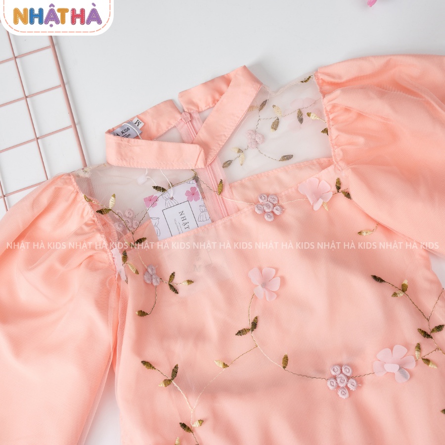 Áo dài cách tân cho bé gái HOA chất liệu lụa tơ óng mềm mại đính hoa thêu tay bồng siêu xinh size đại từ 11-45kg