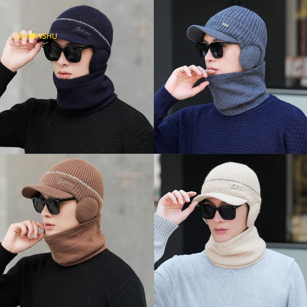 Set 2 Mũ Len Vành Tròn Có Khăn Choàng Cổ Thời Trang Cho Nam